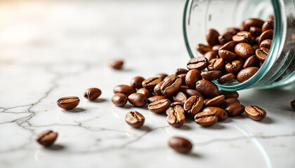 Spilled coffee beans from glass jar on marble countertop