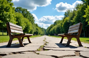 Empty park benches facing each other along a paved pathway in a lush green park with trees and a bright blue sky
