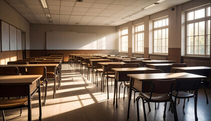 Empty Classroom with Sunlight Streaming Through Windows