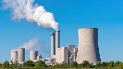 Obraz premium Industrial power plant emitting steam against a clear blue sky, showcasing energy production