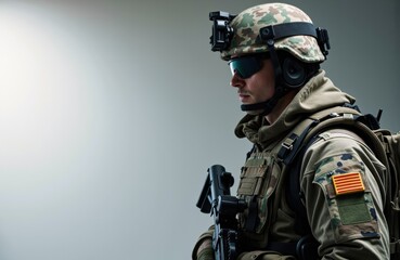 Obraz premium A soldier in tactical gear wearing a helmet and sunglasses facing sideways