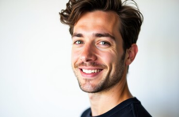 Fototapeta premium A smiling young man with wavy brown hair and a friendly expression looking at the camera