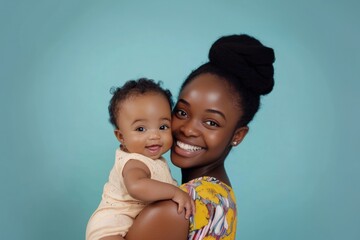 Mother and baby hugging each other background portrait studio.