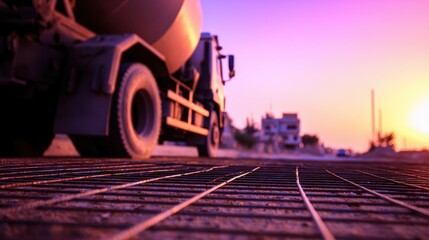A cement truck parked on a construction site at sunset, with a vibrant purple sky and distant buildings