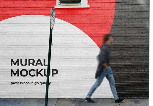 Mural Street Template Outdoor Poster Mockup on Brick Concrete Wall