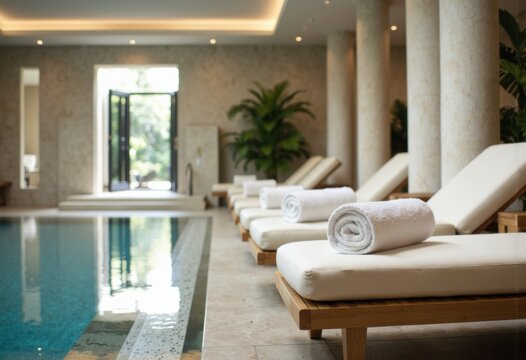 Relaxing spa area with comfortable loungers and a serene swimming pool