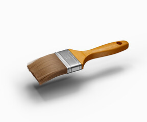 A realistic 3D render of a paintbrush with a wooden handle and metal ferrule. 3D Illustration