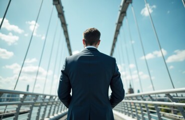 A businessman in a suit stands on a modern suspension bridge looking into the distance