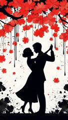 Fototapeta premium Silhouette couple dancing romance love red flowers blossom tree romantic illustration