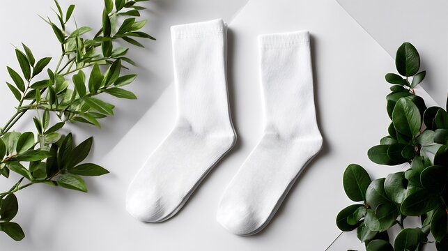 Two pairs of white socks neatly arranged on a white surface for a blank mockup display - Powered by Adobe