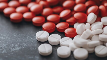 Red and white round tablets scattered on a dark surface, highlighting pharmaceutical pills and medication.