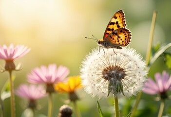 Obraz premium A vibrant butterfly perched on a dandelion surrounded by colorful flowers