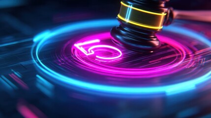 Eyecatching animated overlay representing an online auction countdown highlighted by a striking neon gavel drop effect. The dynamic design incorporates pulsating colors and sleek typography