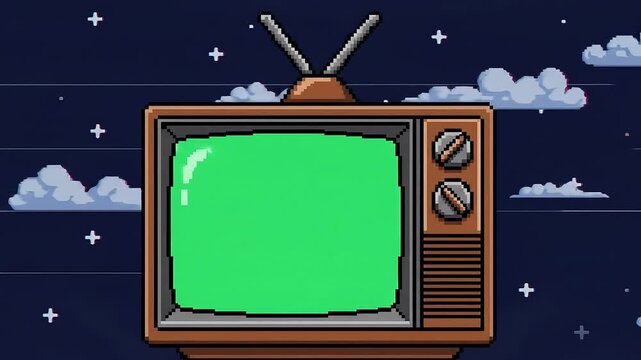 Pixel Art TV with Green Screen and Night Sky.