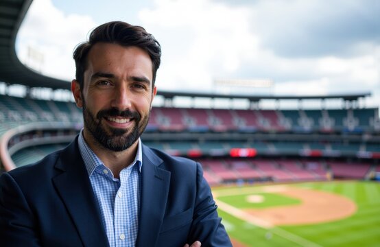 Businessman in suit smiling at camera inside stadium with empty seats and baseball field in background - Powered by Adobe