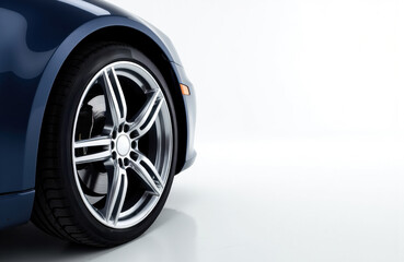 Close-up of a modern car wheel with alloy rim on a white background