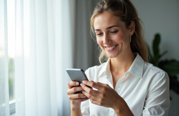 Woman using smartphone in bright indoor setting with natural light
