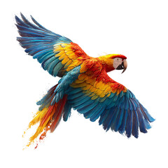 Fototapeta premium A vibrant watercolor painting of a parrot in flight, isolated on transparent background, showcases its colorful plumage and dynamic pose