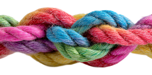 A closeup of a colorful knotted rope isolated on transparent background showcases the intricate texture and vibrant hues of the intertwined strands