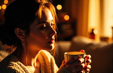 Woman with closed eyes holding mug in warm indoor setting