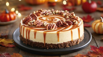 Autumnal caramel pecan pumpkin cheesecake