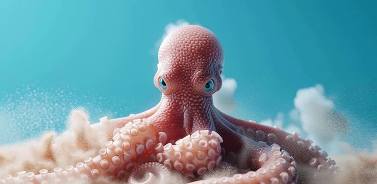 3D octopus emerging from the sand, in light pink with a blue background. Particles of sand float in the air, accompanied by elements of dust and smoke.