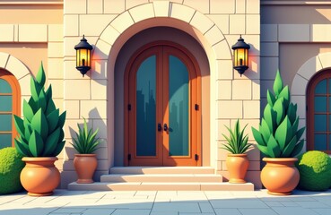 Elegant wooden front door with arched design, flanked by potted plants and warm wall-mounted lanterns, creating a welcoming entrance scene