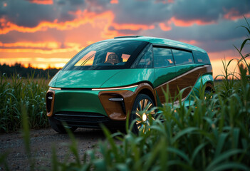 Futuristic electric van parked in a field during vibrant sunset with dramatic clouds