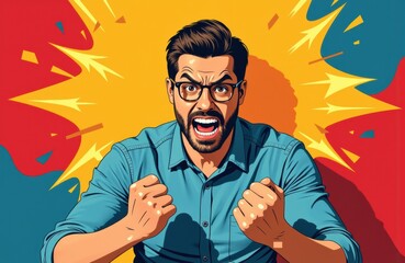 A man with glasses shouting passionately with an angry expression and clenched fists in a comic style illustration