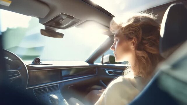 Sommerliche Autofahrt mit Klimaanlage &ndash; Frau genie&szlig;t k&uuml;hlen Luftstrom. K&uuml;nstliche Intelligenz KI