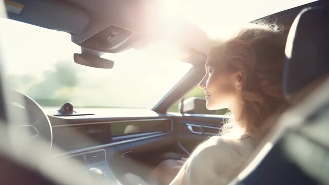 Sommerliche Autofahrt mit Klimaanlage &ndash; Frau genie&szlig;t k&uuml;hlen Luftstrom. K&uuml;nstliche Intelligenz KI
