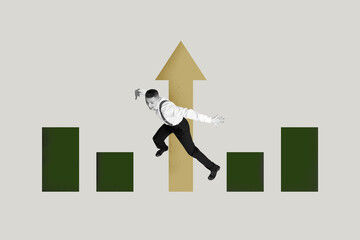 Image pop 3d zine full collage of happy businessman businesswoman stand arrow development career...