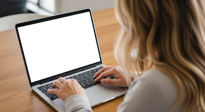 Rear view of a woman working on a laptop computer at a wooden table.