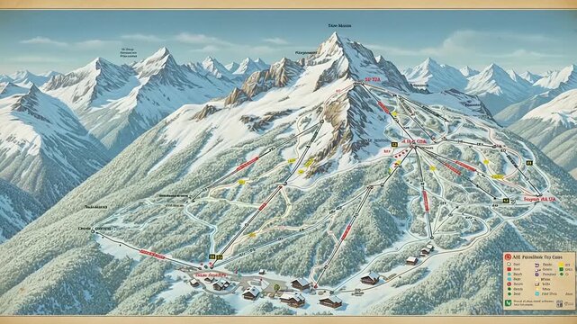 A detailed ski resort map showcasing slopes, lifts, and surrounding snow-covered mountains