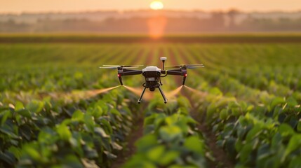 Agricultural drone spraying pesticides over green soybean field, precise flight pattern visible, remote controller in farmer's hands, ultra-realistic aerial perspective, golden hour lighting