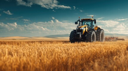 Obraz premium An ultra-realistic photo of an autonomous tractor plowing a golden wheat field under a clear blue sky, high-tech sensors and GPS module visible, modern agricultural technology in action