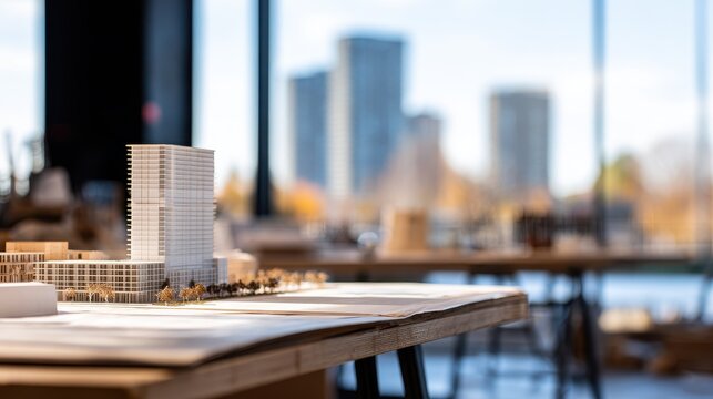 Architectural model displayed on a table in a bright studio with city skyline in the background