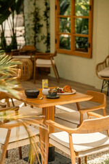 Cozy Outdoor Café Table with Turkish Tea and Colorful Brunch

