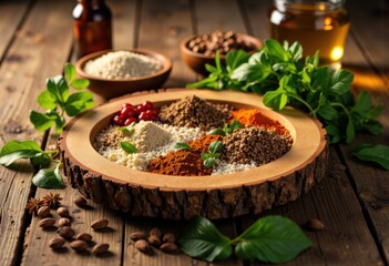 Assorted spices and herbs arranged on a wooden table for cooking or seasoning