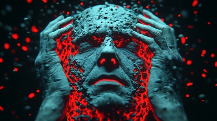A textured blue face with hands on the head appears distressed, surrounded by glowing red particles, evoking intense emotion and mental strain.