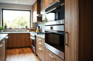 Modern kitchen with wooden cabinets and built-in appliances in a bright, sunny home environment