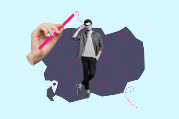 Full zine trendy photo collage of happy girl guy stand world map choose relocation continent icon...