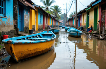 Colorful boats docked along a flooded street in a vibrant neighborhood with houses painted in bright shades