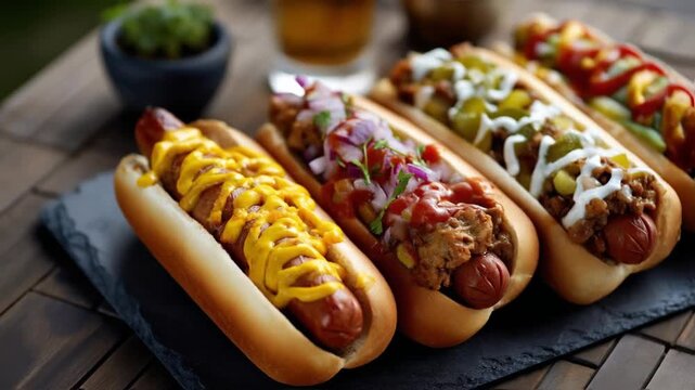 Delicious assortment of gourmet hot dogs on a table with various toppings, perfect for a casual meal. Each dog showcases different flavors and ingredients, creating a mouthwatering display.