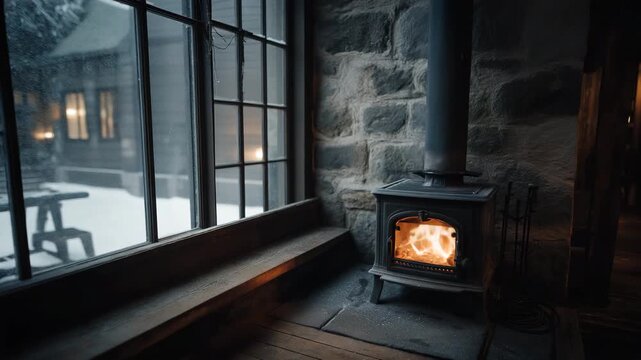 Cozy Fireplace Setting A Warm Winter Scene with Burning Flames in a Stone Cottage