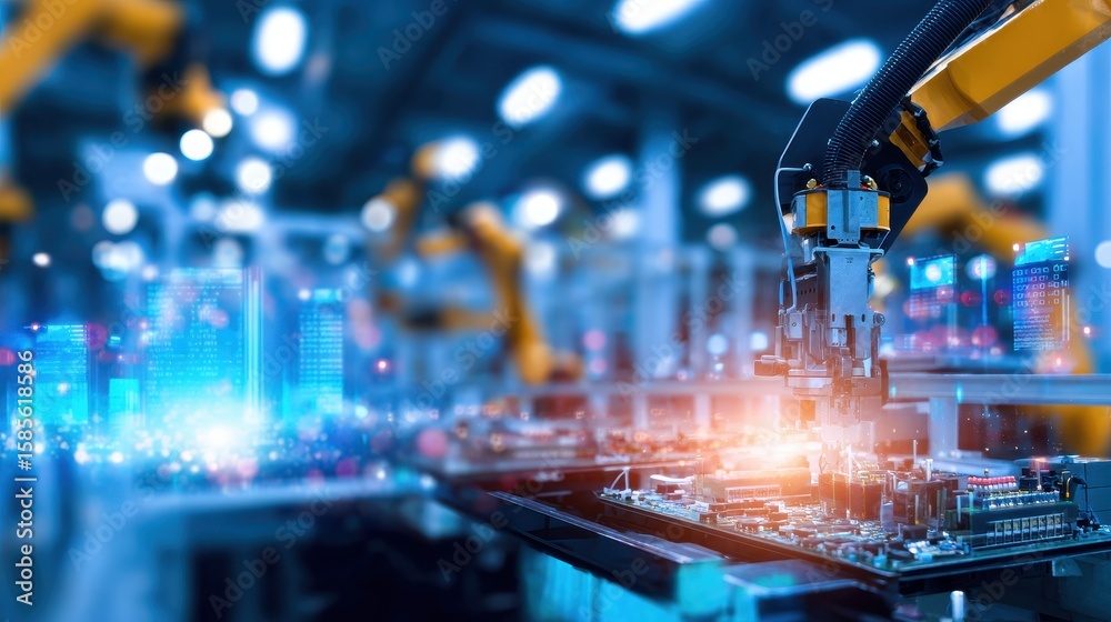 Poster advanced robotic arm assembling electronic components in a high-tech factory setting