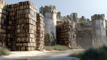 Ruined castle, bookshelves, desert
