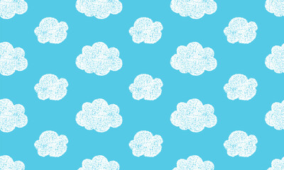 Seamless pattern with crayon clouds in sky. Abstract background of blue sky with cute fluffy white clouds with chalk texture, vector illustration