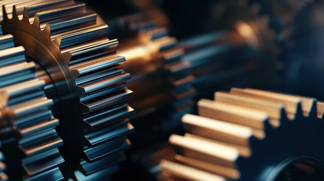 Close-up of interlocking metallic gears showcasing intricate details and reflections