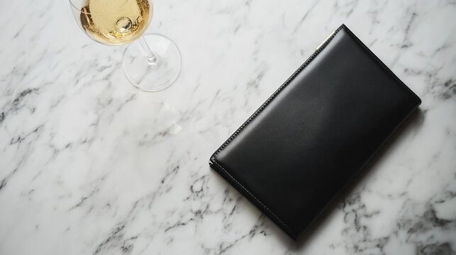 Black menu book on marble table with wineglass
